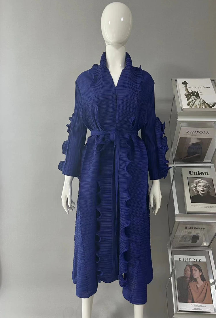 2024 Miyake Ruffled Early Spring and Autumn New Long Sleeve Ruffled High Elastic Dress V-neck Long Sleeve Women's Dress