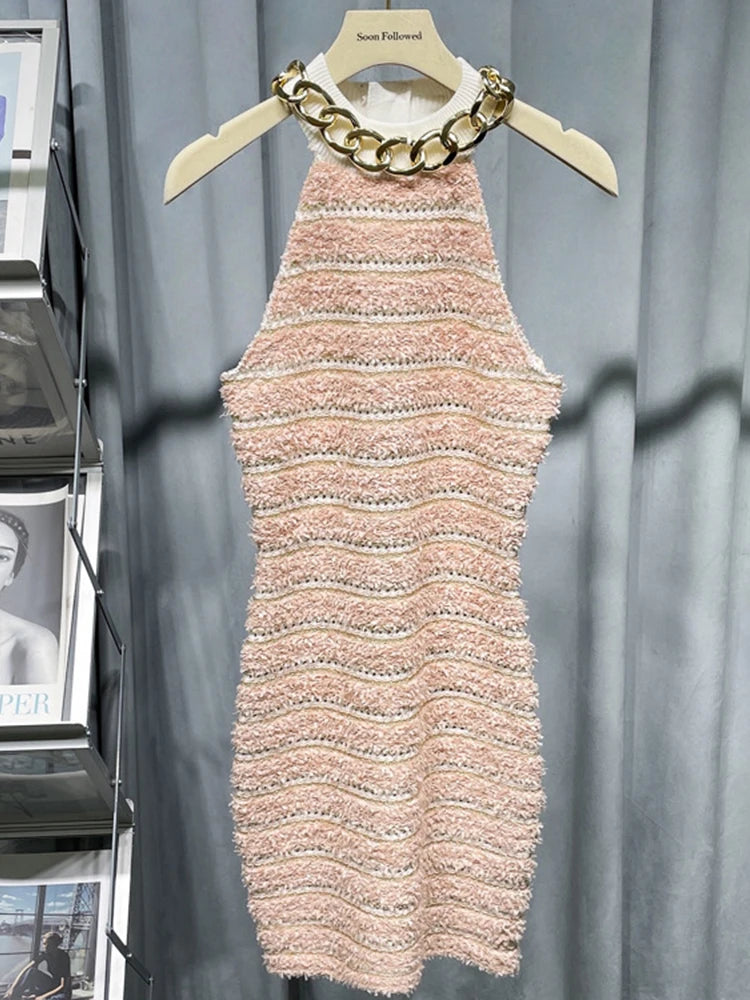 HIGH STREET Newest 2026 Designer Fashion Halter Neck Metal Chain Sleeveless Knit Striped Dress