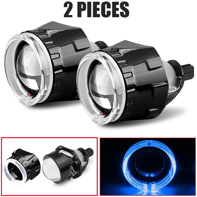 2.5 Inch 80mm LED Halo Angel Eyes Projector Lens High Low Beam Bi LED Lights for H4 H7 9005 HB3 9006 HB4 Car Headlights Retrofit