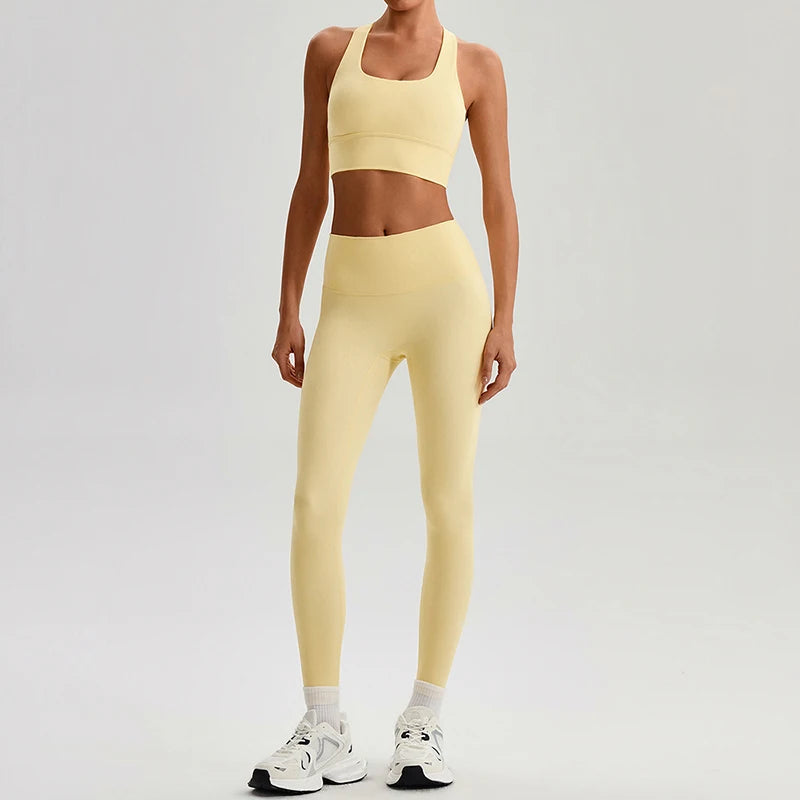 Naked Feel Yoga Set Women Fitness Sportswear 2 Piece Strappy Sports Bra High Waist Gym Leggings Workout Outfit Active Wear