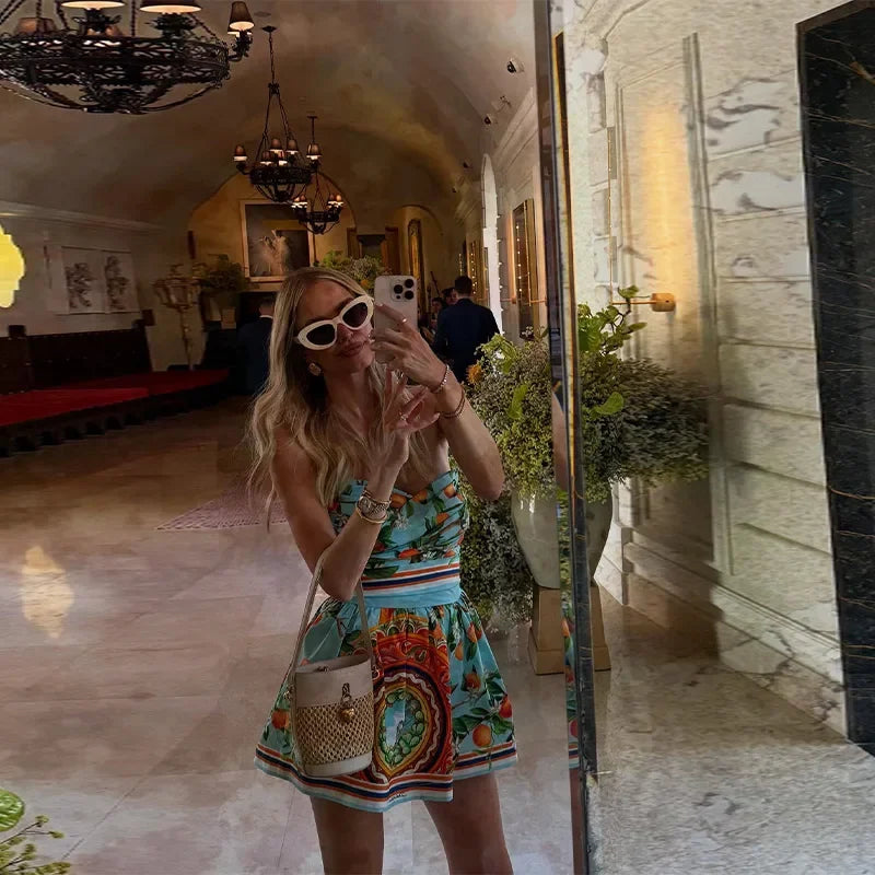 Sexy Strapless Printed Mini Dress 2025 Summer Fashion Women Sleeveless Backless High Waist Slimming Party Vacation Y2k Vestidos