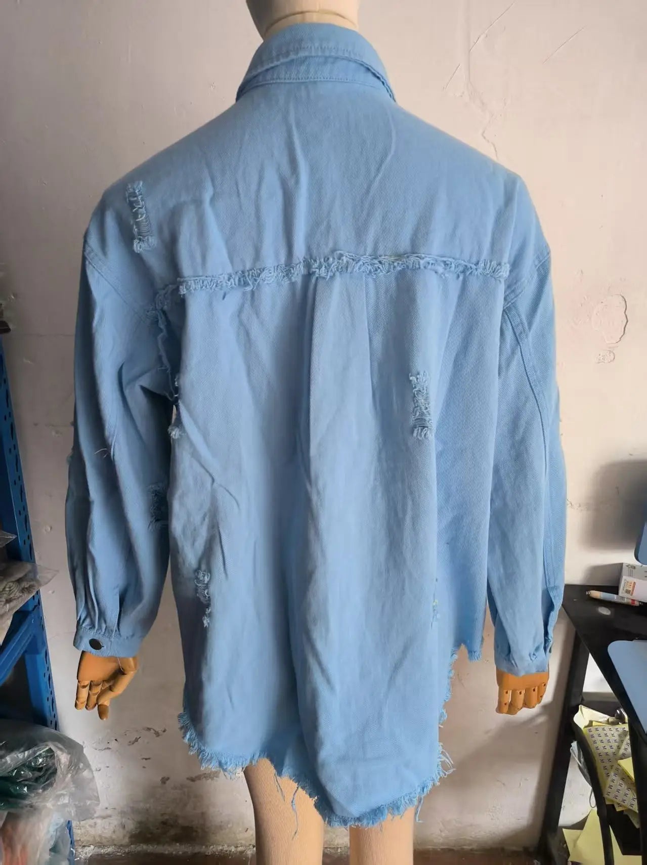 Women's Fashionable Solid Color Mid-Length Ripped Denim Jacket Long-Sleeved Spring Autumn Trend