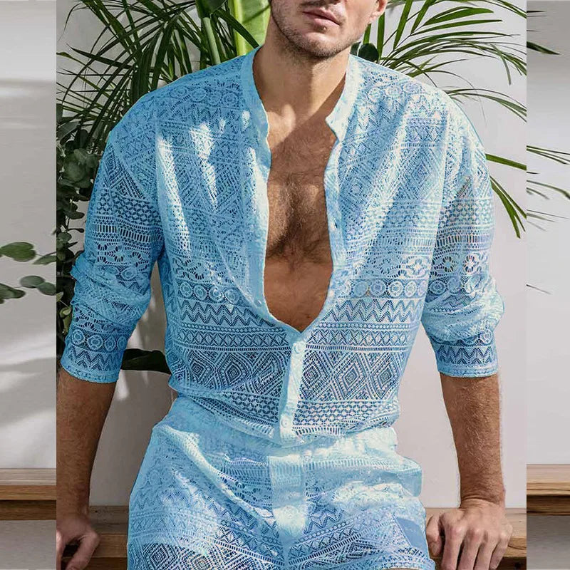 Men's Clothing Fashion Suit Men 2pcs Clothes Set Hollow Out Sexy Lace Short Sleeve Casual T Shirt Top Shorts Summer Solid Color