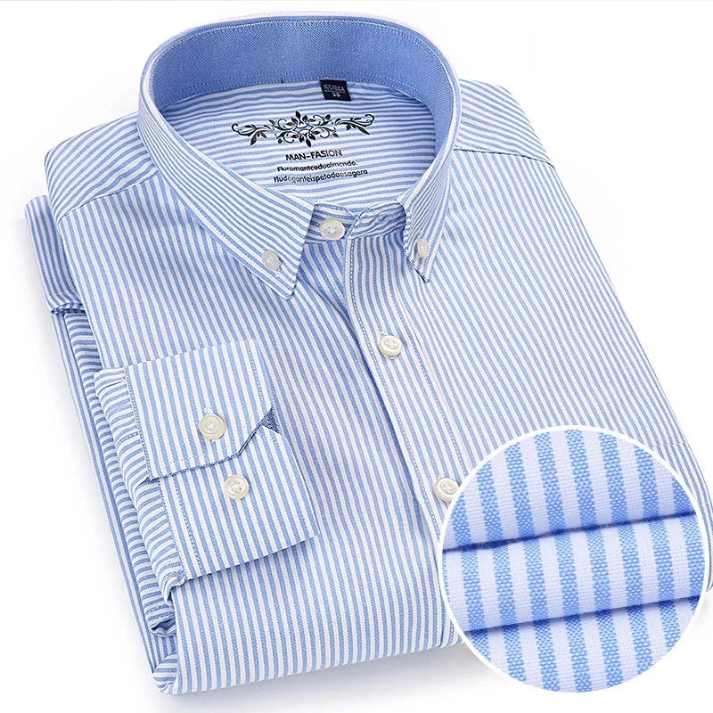 New Cotton Mens Striped Plaid Print Oxford Spinning Casual Long Sleeve Shirt Comfortable Collar Button Slim Male Business Shirts