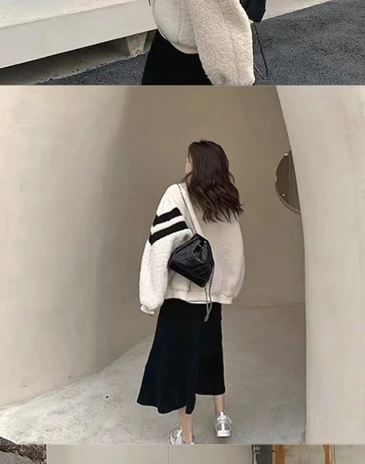 Women Causal Color Block Fleece Jacket Drawstring Zip Up Loose Contrast Striped Warm Winter Coat for Daily