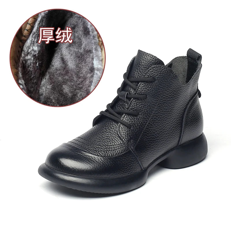 GKTINOO Women Autumn Boots Cowhide Ankle Boots 2025 Winter Retro Casual Genuine Leather Mother Boots Fur Keep Warm Low Heel 41