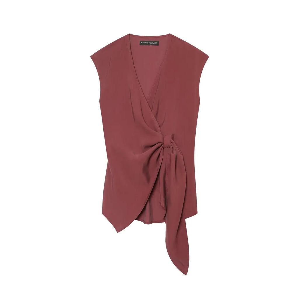 BSAY 2026 Women's Two Piece Set V-Neck Sleeveless Wrap Top With Bow Tie Elastic Waist Wide Leg Pants Elegant Solid Color Outfit
