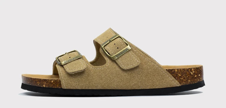 Nubuck Women Cork Slippers Summer Mule Clogs Flats Sandals Slides Casual Beach Couple Double Buckle Soft Shoes Footwear Big Size