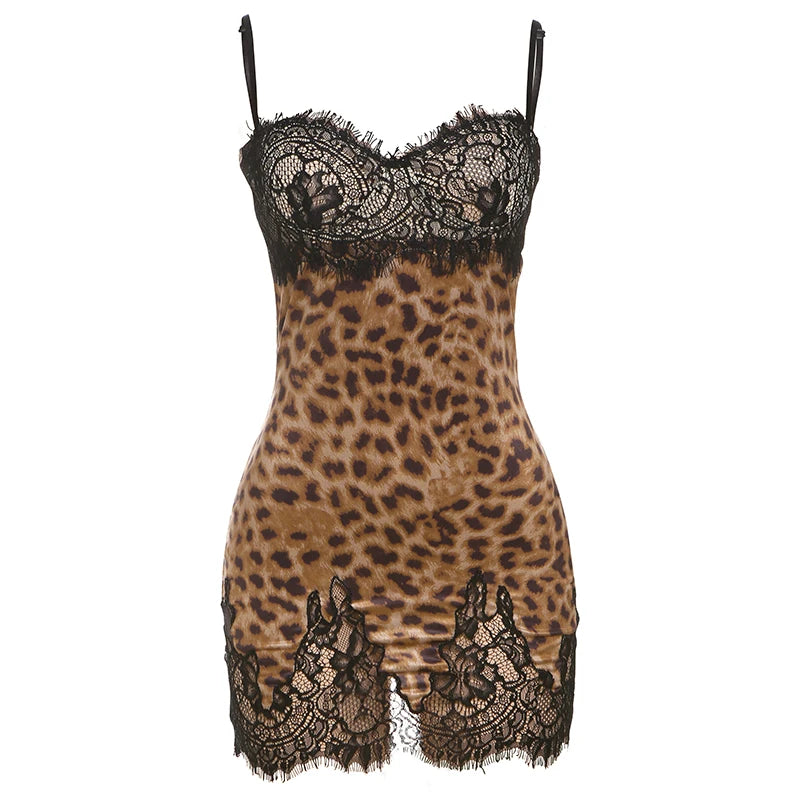 Weird Puss Leopard Print Wild Style Dress Women Mesh Patchwork Sling Low-Neck Sleeveless Hot Girls Street Fashion Mini Bodycon