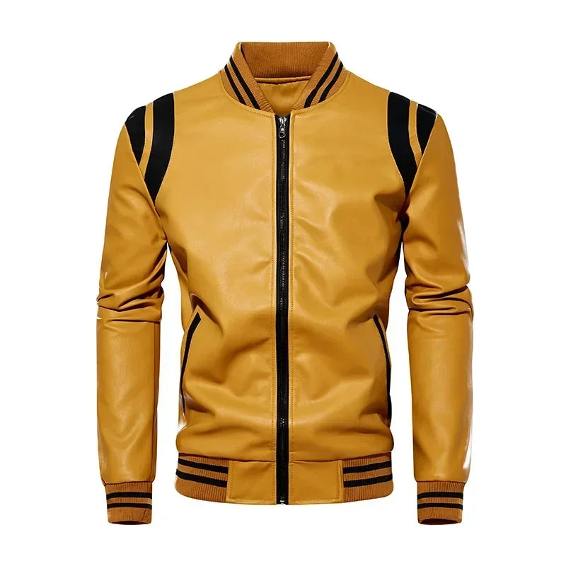 Motorcycle Men Leather Jacket Patchwork Biker Coat Motorcycle Jackets Mens Winter Casual Fleece Warm Coats Stripe Loose Outwear
