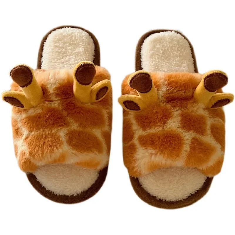 Shoes for Women Winter New Indoor Warm Cotton Shoes for Students At Home Cartoon Giraffe Plush One-word Slippers Chinelos Planos