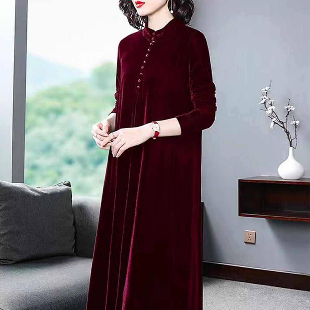 Women Fall Dress Solid Color Loose Long Sleeves Button Maxi Dress Keep Warm Velvet Mom Spring Dress Women Clothes