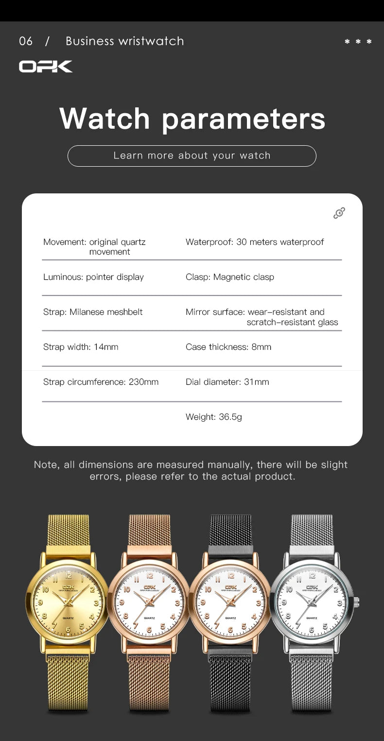 OPK 8115 Women Watch Fashion Business Simple Stainless Steel Mesh Belt Waterproof Luminous Women Watch Elegant Dress Women Watch