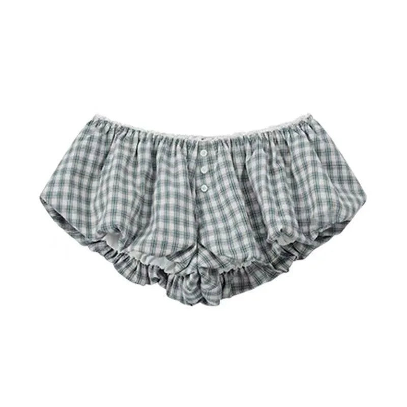 Womens Plaid Bubble Shorts Elastic Waist Bloomer Shorts Casual Short Pants Summer Streetwear