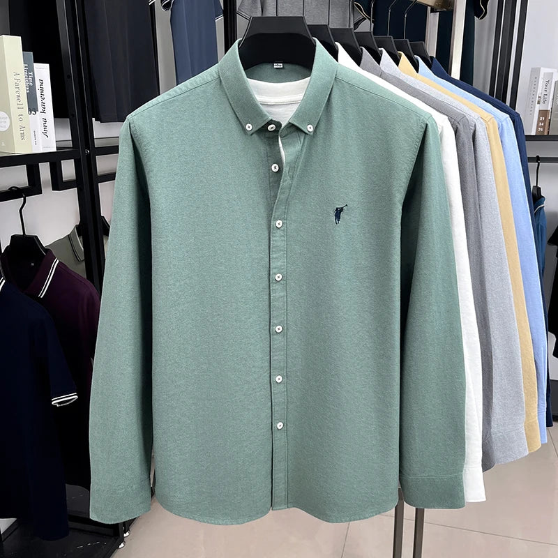 High End 100% Pure Cotton Long Sleeved Men's 2026 Spring Fashion Solid Color Business Casual Small Horse Logo Shirt