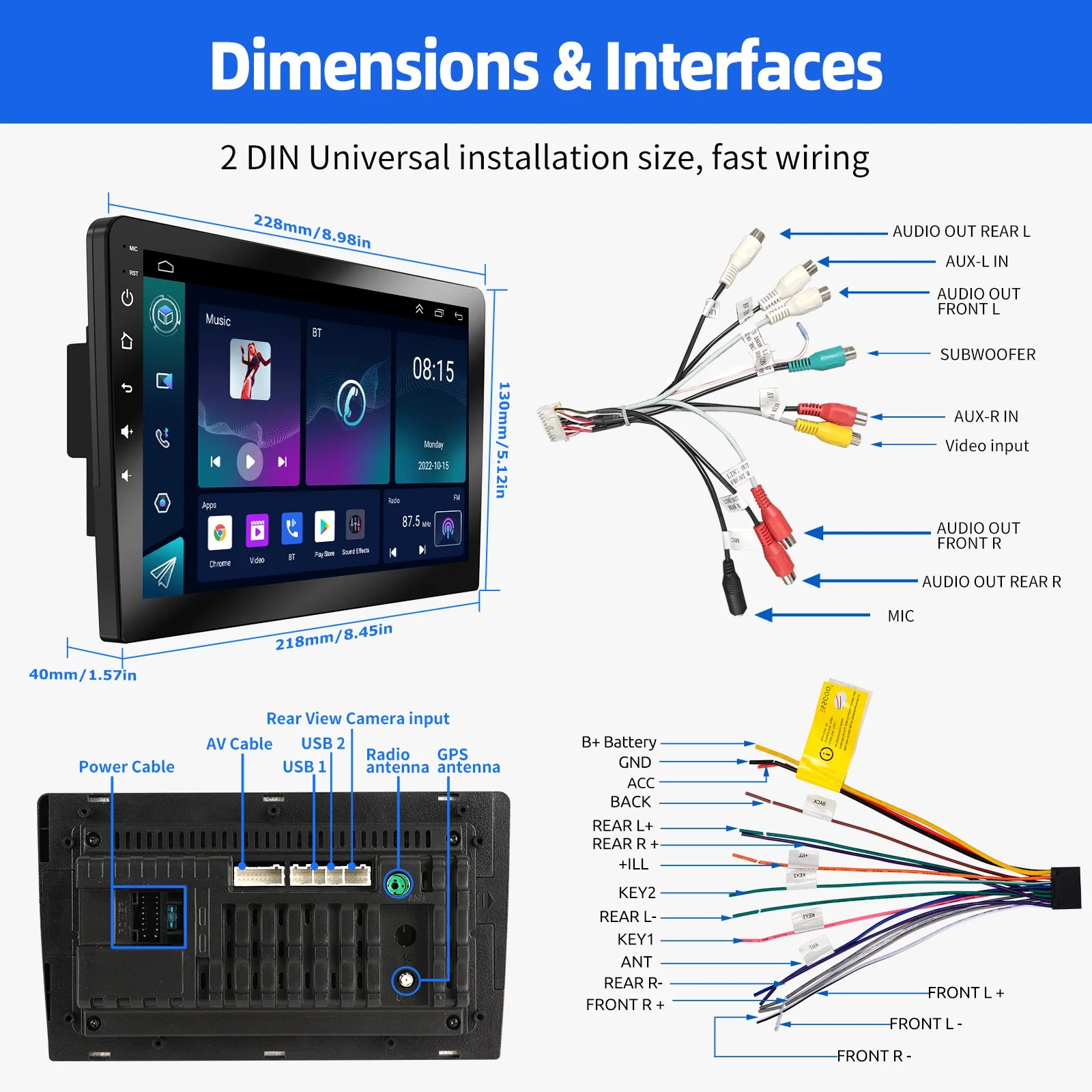 ESSGOO 7"/9"/10“ 2 DIN Android 14 4+64G Car Stereo Carplay Android Auto GPS SAT Navi Bluetooth FM RDS Radio WIFI Touchscreen