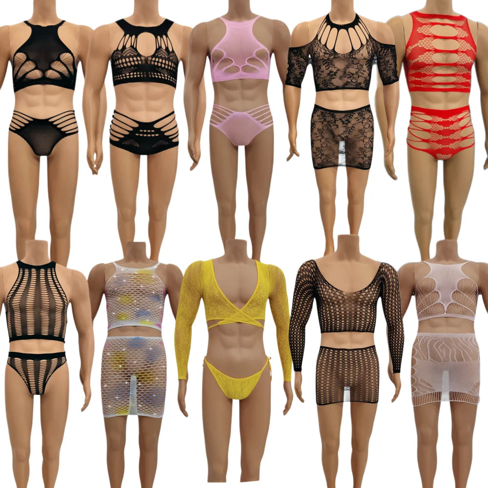 Sexy lingerie hot male intimate sexy tank top and brief or skirt sets fashion hollow sexy underwear nightgown sleepwear pajamas