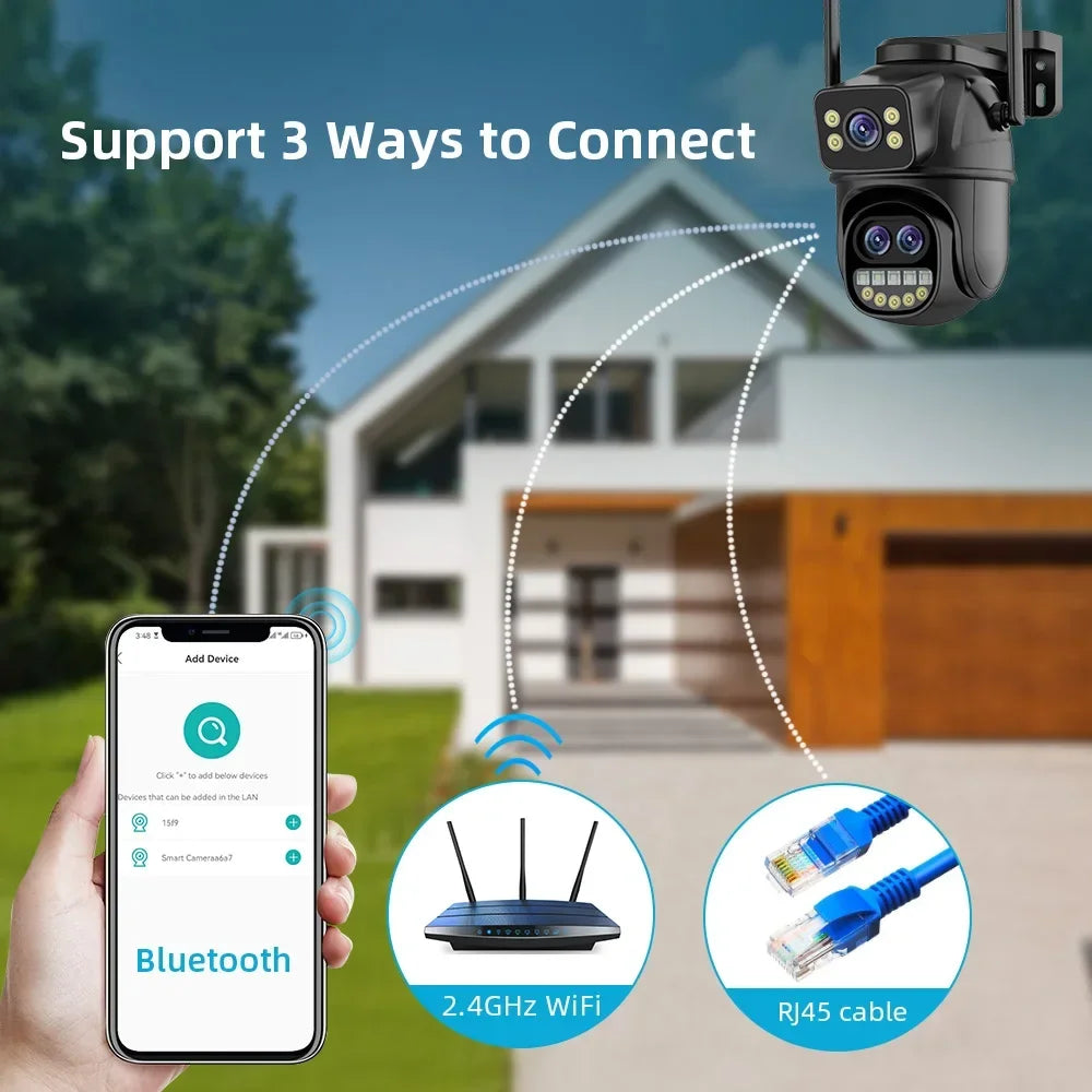 6K 12MP ICSEE Wifi Security Camera 3 Lens Dual Screen 8X Zoom Outdoor Waterproof Auto Tracking Human Detect Surveillance Camera