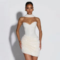 Chic Sequin Patchwork Strapless Mini Dress Women Scarf Collar Off-shoulder Waist Cinching Pleated Robe Lady Evening Party Gowns