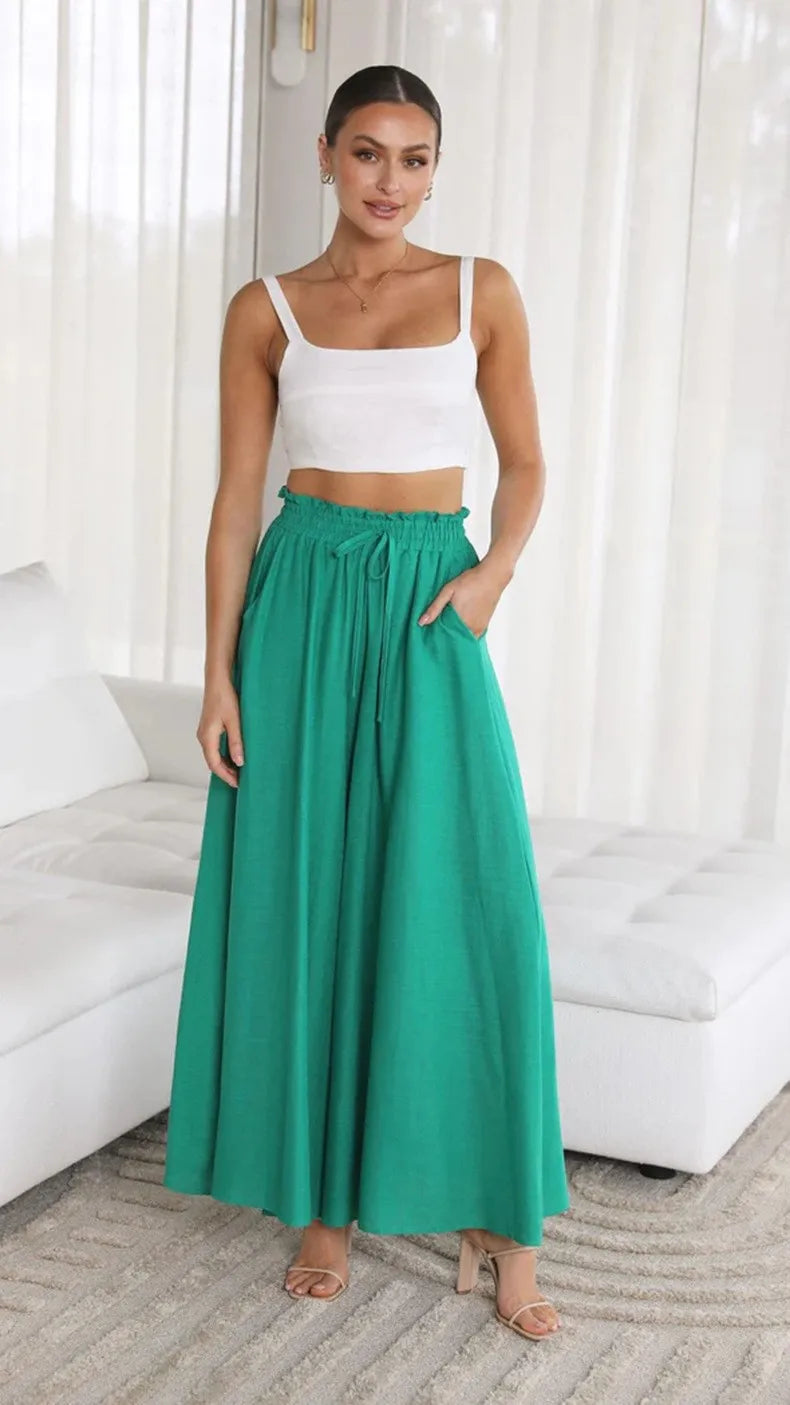 Women's Elastic Long Palazzo Pants Casual Urban Style Tie Detail Polyester Blend Woman Clothes Female Clothing Women's And