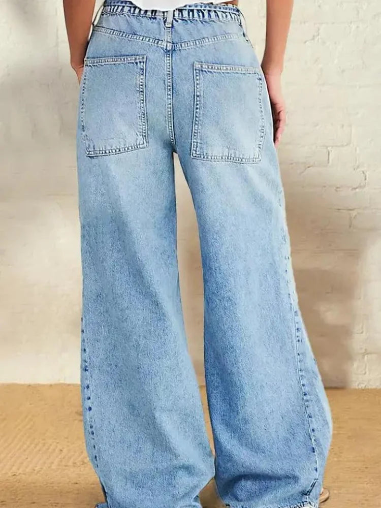 【HME】Jeans | Drawstring Elastic High Waist Denim Pants, Cargo Patch Pockets With Contrast Stitching Wide Leg Denim, Light Wash Vintage Fabric, Relaxed Fit Flattering Pants For Women Daily Commute & Streetwear