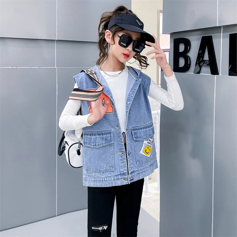Korean Kids Vintage Hoodies Denim Vest For Girls Casual Streetwear Clothing Teens Child Hooded Denim Waistcoat Jacket Outfits
