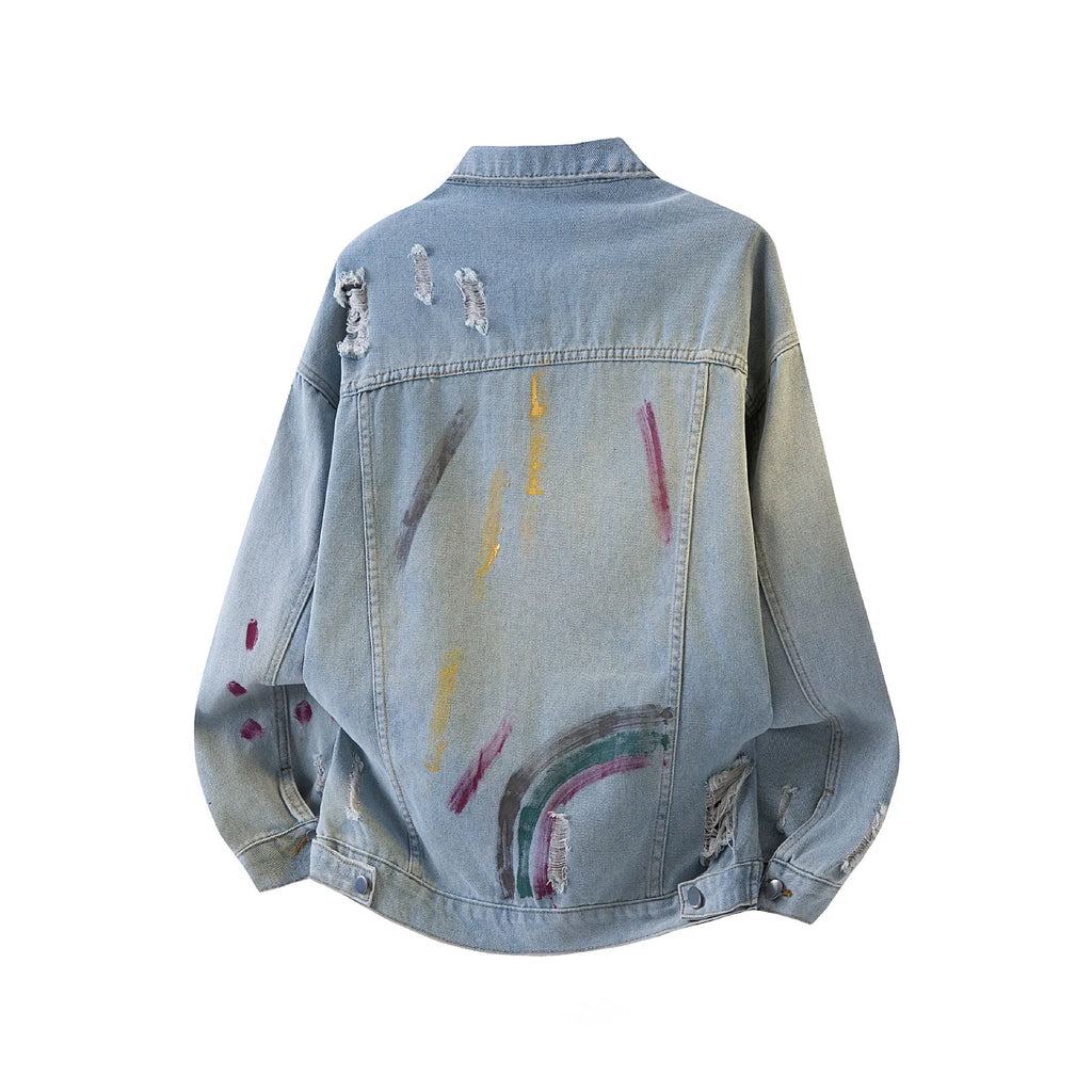 2026 Spring and Autumn American Retro Washed and Dyeed Hole Denim Jacket Men's Design Sense