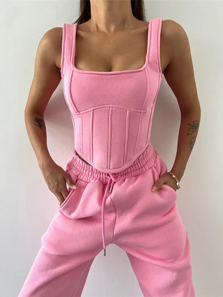 Women Solid 3 Piece Tracksuit Set Cropped Hoodie Corset Waist Vest Wide Leg Pants Casual Autumn Lady Streetwear Matching Outfits