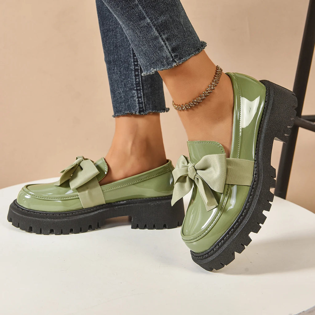 Women's British Style Loafers bowknot Chunky Heel Leather Flats Autumn Slip-On Shoes Versatile Work Shoes Platform Oxford 636