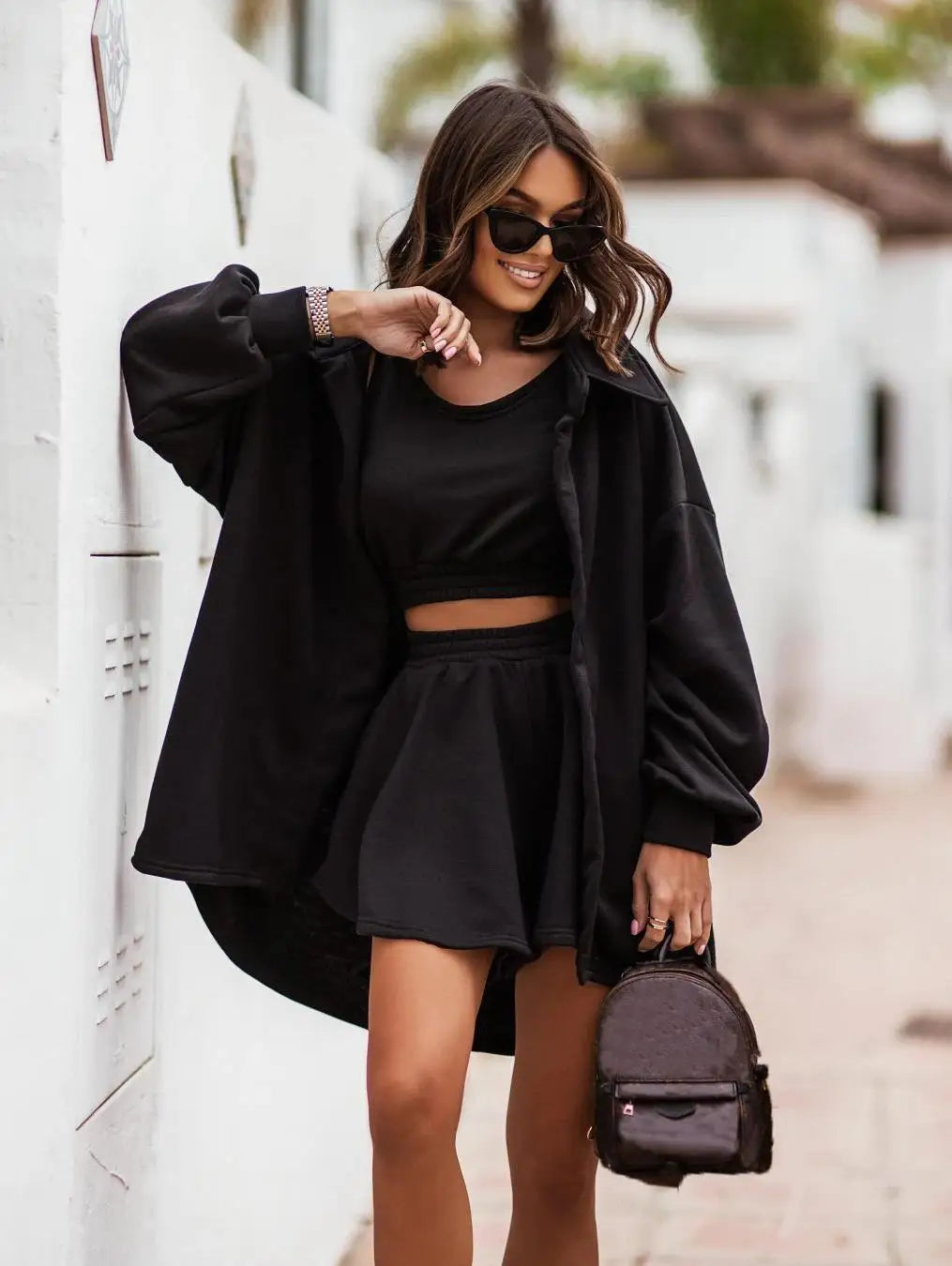 Women Fashion 3-piece Set Long Sleeve Lapel Coat O-Neck Short Tank Top Wide Leg Shorts High Street Sports Outfits Available 5XL