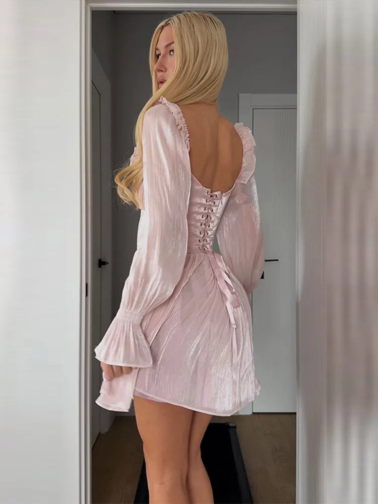 Elegant Square Neck Dress Women's Corset Mini Dress Ruffle Trim Long Sheer Puff Sleeves Romantic Party Dresses Woman Clothes