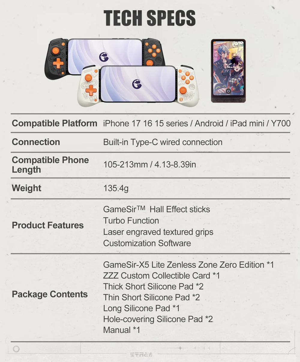 GameSir X5 Lite Zenless Zone Zero Edition Mobile Gamepad for iPhone 17 16 15 Android iPad Mini Y700 Tablet Controle para Celular