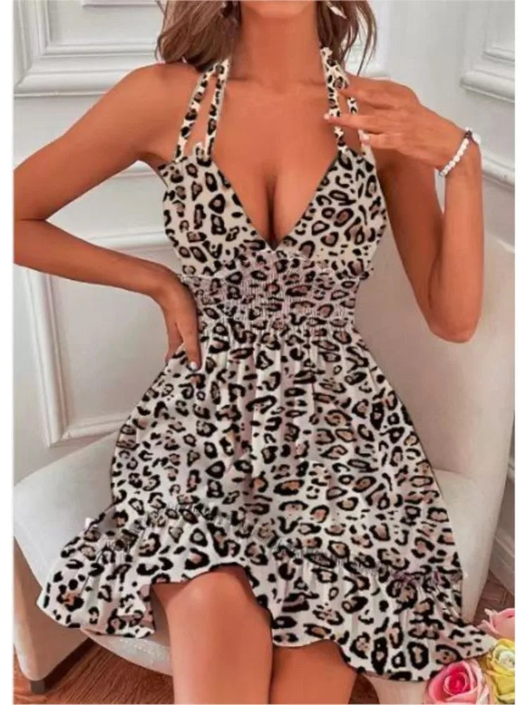Women Summer Halter Deep V Neck Sundress Sexy Backless Ruffled Smocked Short Dress Waist Open Back Dress Mini Skater Dress 2024