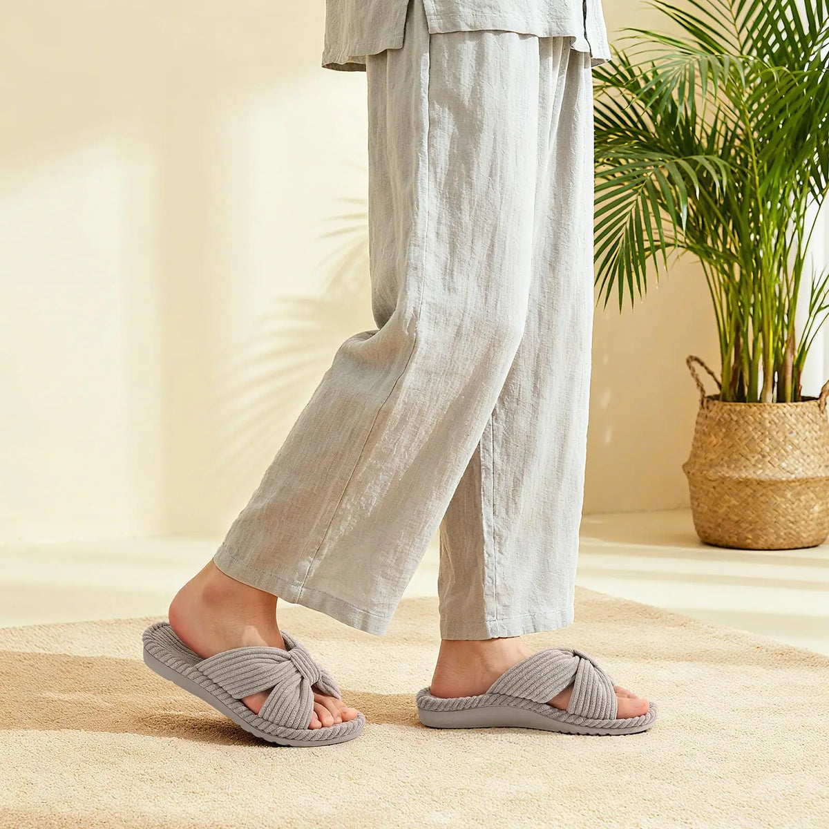 Comwarm Orthopedic House Slippers for Women Arch Support Cross Bow Indoor Slippers Corduroy Bedroom Shoes Open Toe Slip On