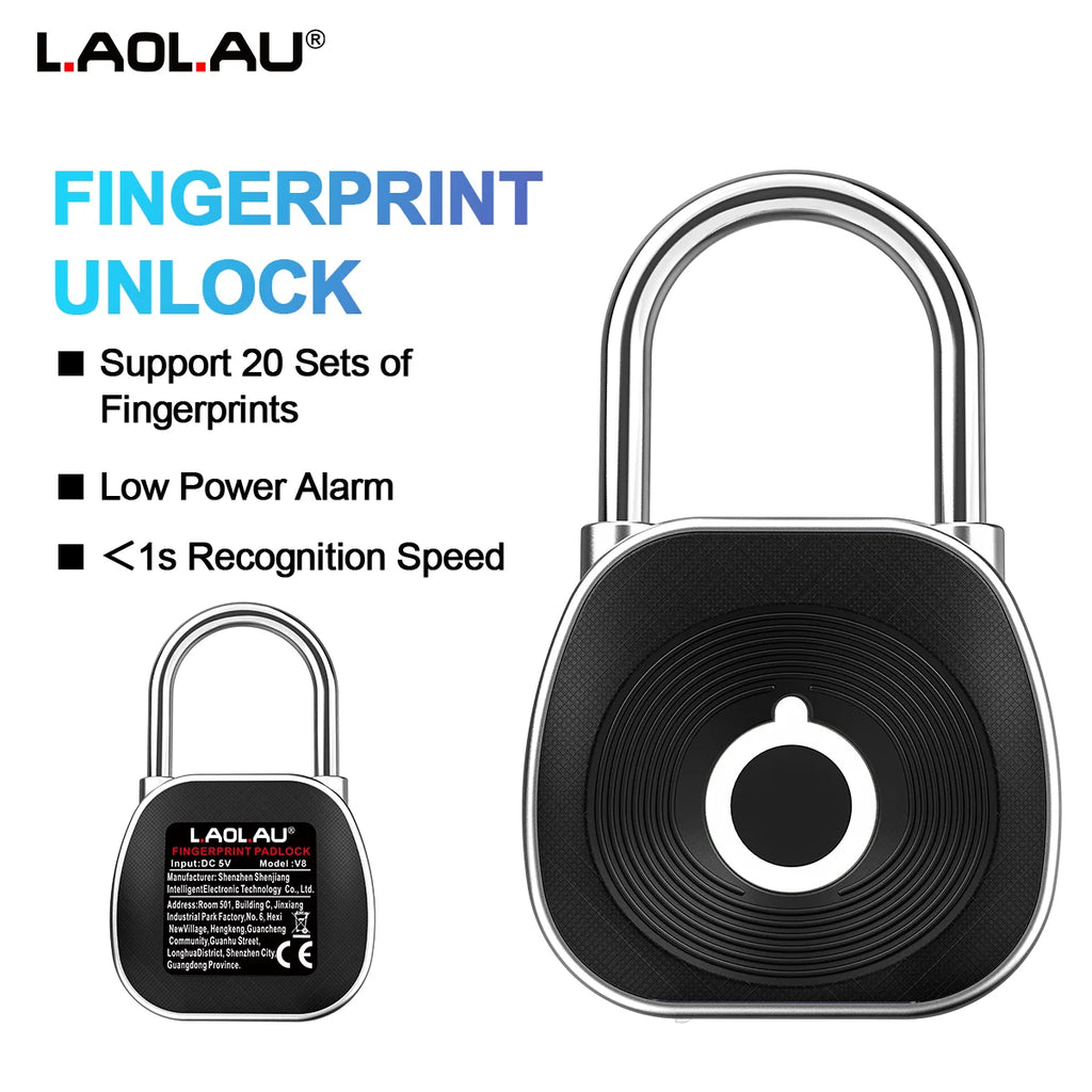 Fingerprint Smart Padlock Keyless Biometric Lock Waterproof USB Rechargeable 0.5s Unlock 20 Fingerprints, Cabinet Luggage Door