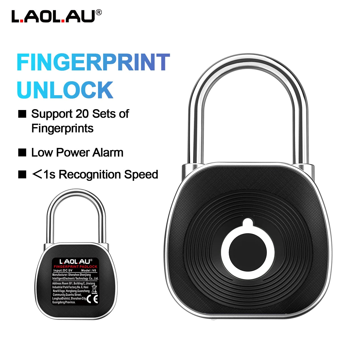 Fingerprint Smart Padlock Keyless Biometric Lock Waterproof USB Rechargeable 0.5s Unlock 20 Fingerprints, Cabinet Luggage Door