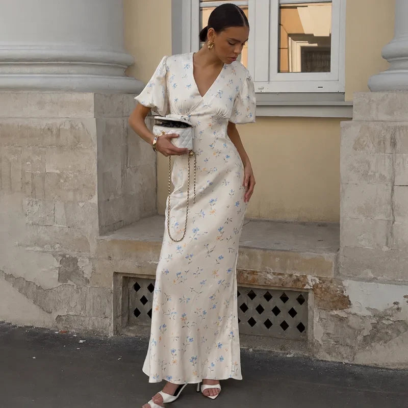 Printed Floral Print Elegant Long Dress For Women Short Sleeve V Neck Fashion Slim Dress Satin Commuting Banquet Female Dress