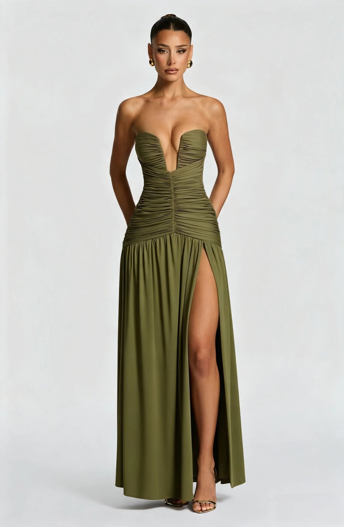 Strapless Deep V Ruched Maxi Dress High Split Formal Evening Gown Women Wedding Guest Party Long Dresses