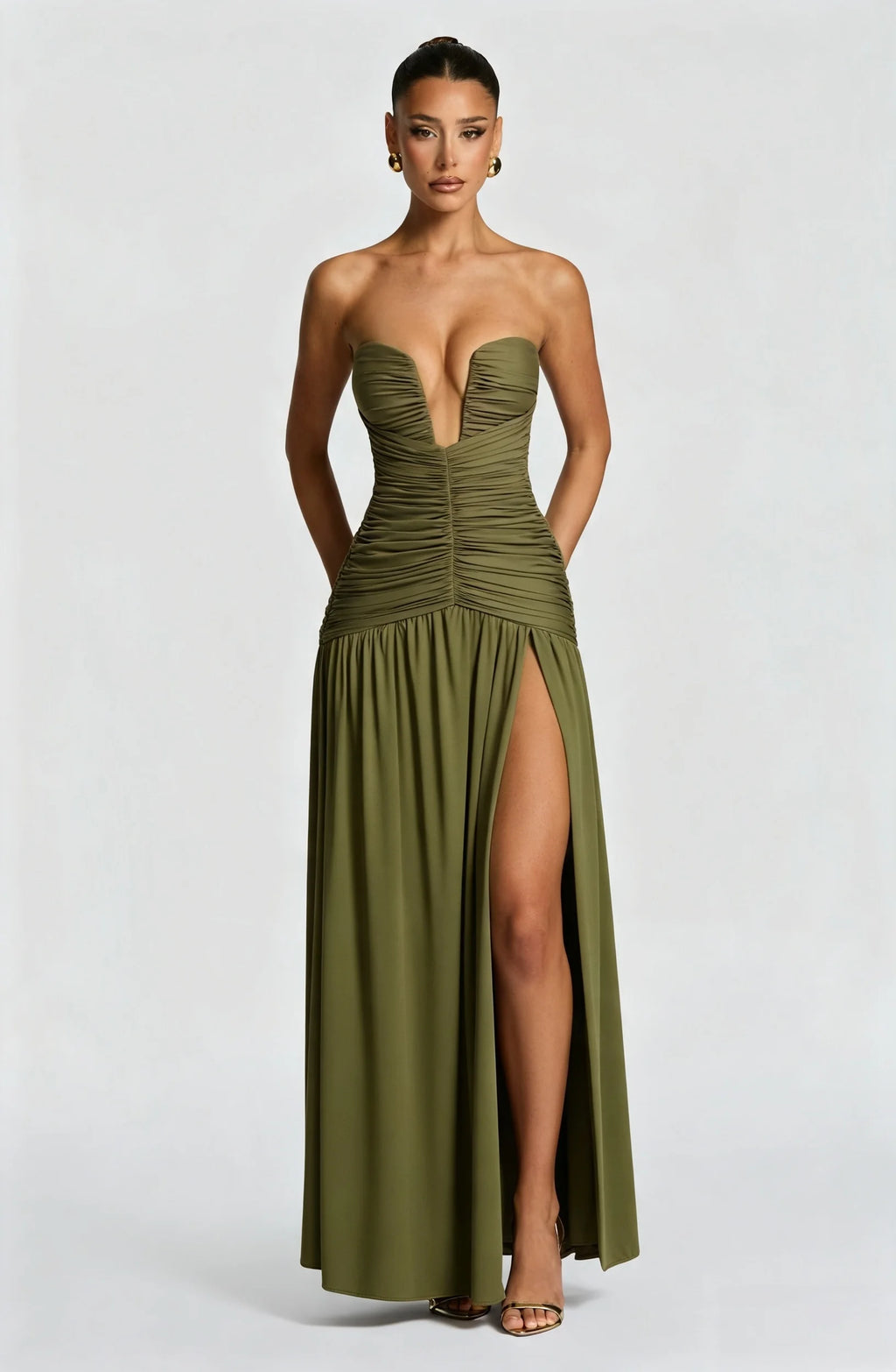 Strapless Deep V Ruched Maxi Dress High Split Formal Evening Gown Women Wedding Guest Party Long Dresses