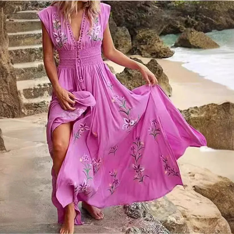 2026 Women's New Summer Fashion Women's V-neck French Beach Wave Casual Printed Dress for Women