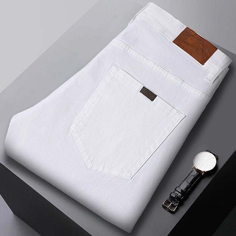 Men's White Jeans Fashionable Straight Business Casual Stretch Denim Pants Classic Fit Solid Color Comfortable All Season Pants