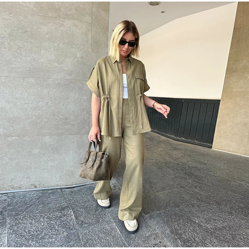 Casual Drawstring Shirt Pants Set Women Lapel Button Short Sleeve Pocket Loose Top Wide Leg Pants 2025 Chic Summer Women's Suit