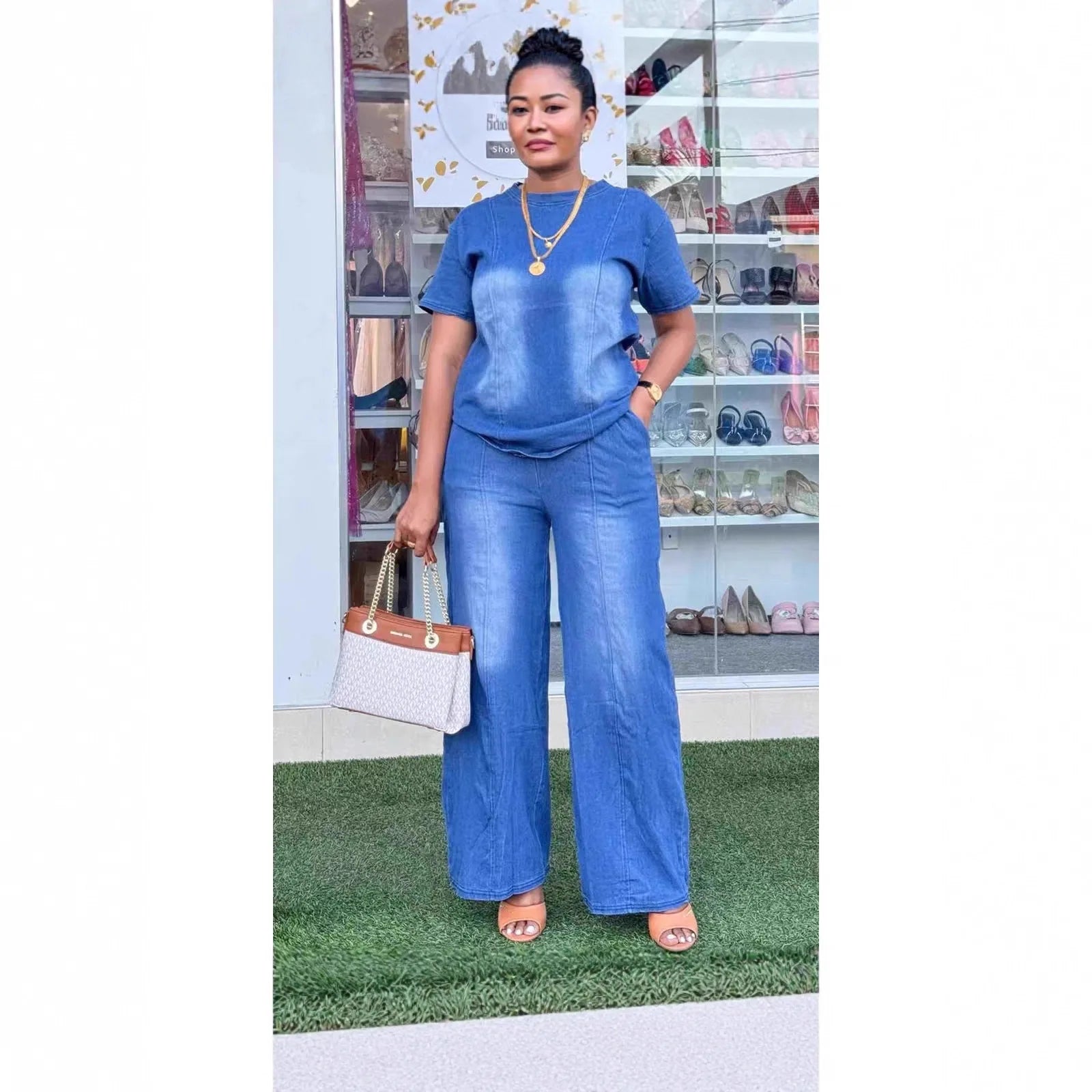 Women Pant Set Two Piece Sets Denim Round Neck Short Sleeve Tops Casual Loose Wide Leg Long Pants High Waist Y2k Streetwear