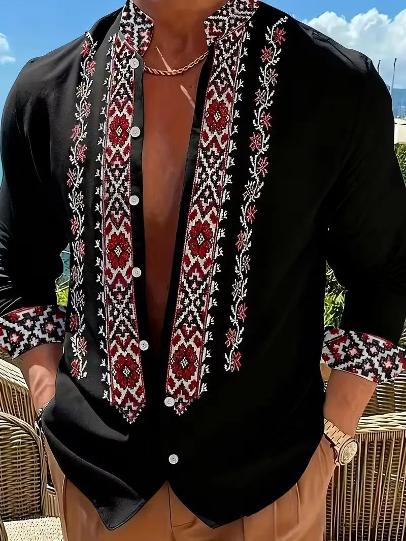 Men's Ethnic Embroidery Long Sleeved Shirt with Red and Black Floral Pattern, Comfortable and Fashionable Linen Long Shirt