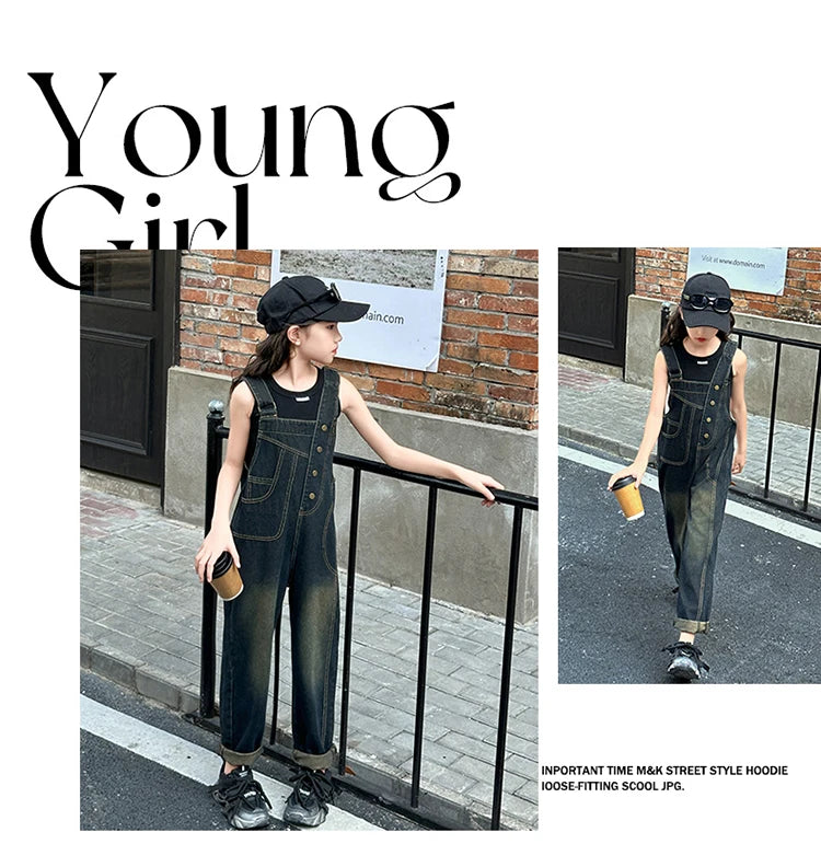 Elegant Children Jeans Jumpsuit with Broken Holes For Girls Fashion Overalls Streetwear Kids Denim Suspenders Pants With Strap