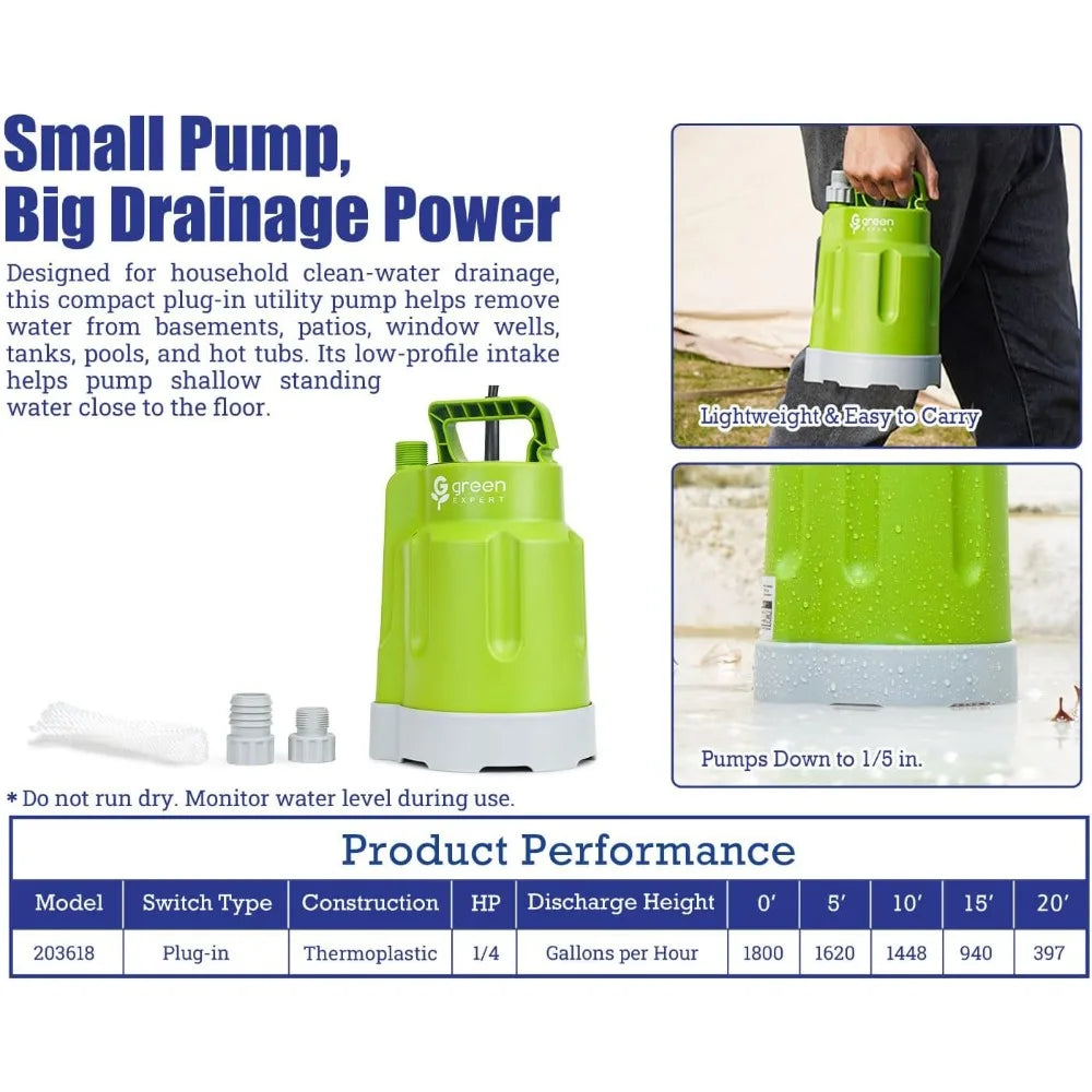 1/4HP Submersible Sump Pump 1800GPH, 28ft Max Head, Portable Utility Pump for Basement, Pool, Hot Tub & Garden Drainage