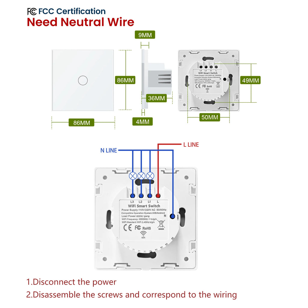 LOUYSGEN Wifi Smart Switch 1Gang 2Gang 3Gang Wall Light Switch Neutral Wire Glass Tuya APP Compatible Smart Life Alexa