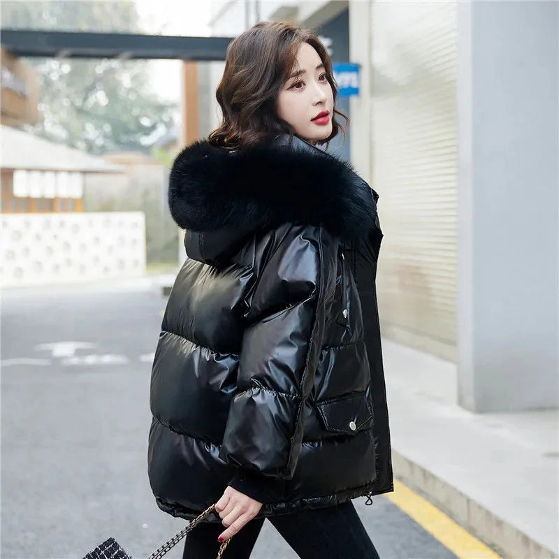 2026 Winter Fashion New Warm Duck Down Jacket Women's Clothes Glossy Fur collar Thicken Parka Short Down Coat Female Trend