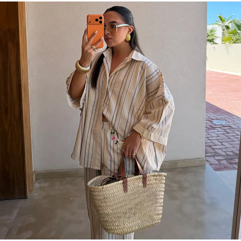 Loose Striped Contrast Wide Leg Pants Set Women Oversized Lapel Single Breasted Shirt Trousers 2026 Summer Lady Casual Outfits
