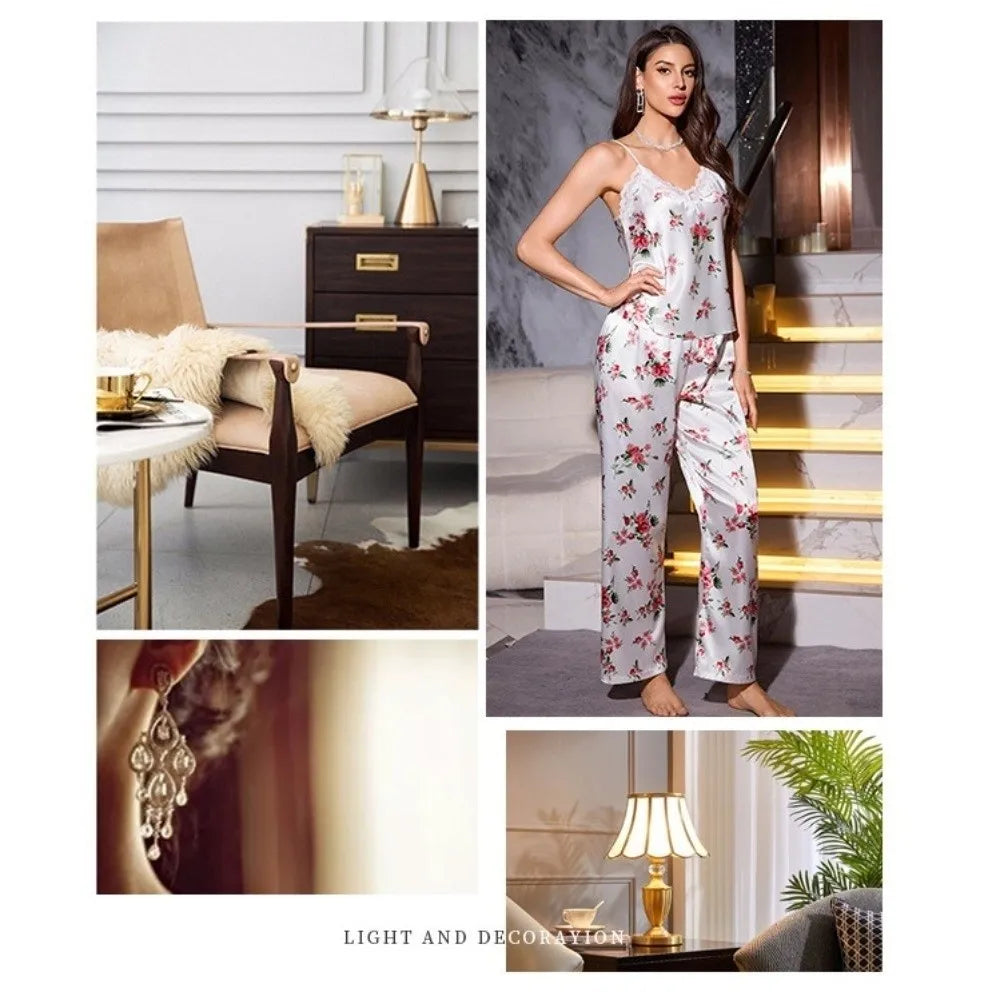 Satin Ice Silk Women's Printed Pajamas Set Lace-Trimmed V-Neck Floral Printed Ice Silk Suspender Sleepwear Sleeveless